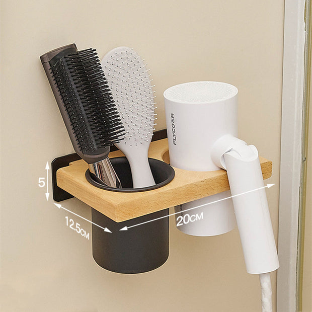 Solid wood bathroom hair dryer storage rack, non perforated wall hanging rack, bathroom household storage bracket