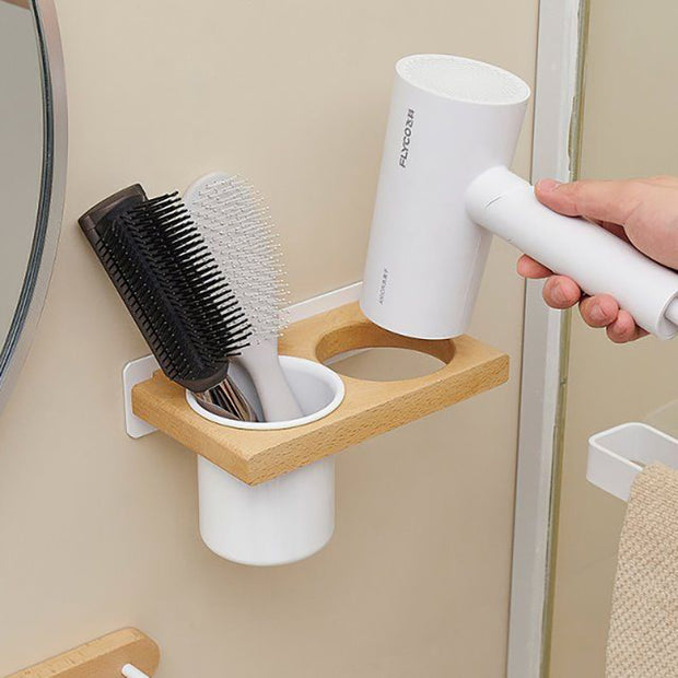 Solid wood bathroom hair dryer storage rack, non perforated wall hanging rack, bathroom household storage bracket