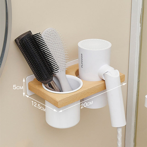 Solid wood bathroom hair dryer storage rack, non perforated wall hanging rack, bathroom household storage bracket