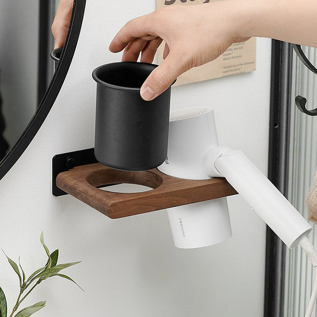 Solid wood bathroom hair dryer storage rack, non perforated wall hanging rack, bathroom household storage bracket
